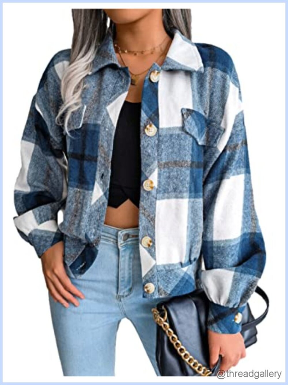 Womens Cropped Corduroy Plaid Shacket Button Up Long Sleeve